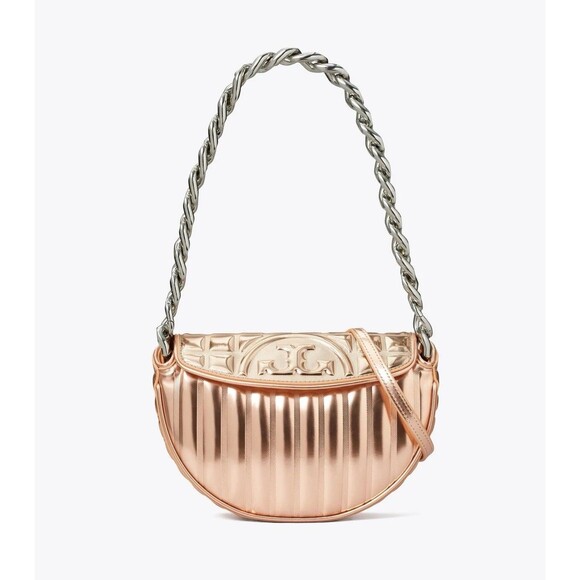 Tory Burch Mini Fleming Crescent Shoulder Bag Soft Metallic Rose Gold New - Picture 1 of 7